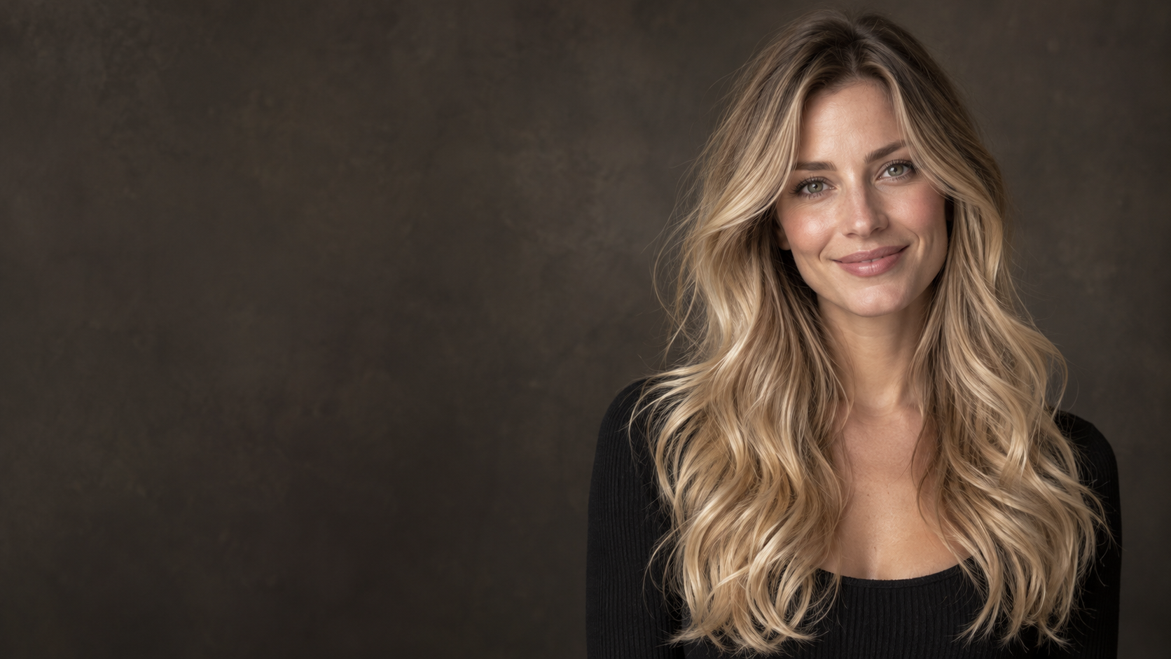 Donna con balayage biondo chiaro naturale e radice sfumata, immagine editoriale